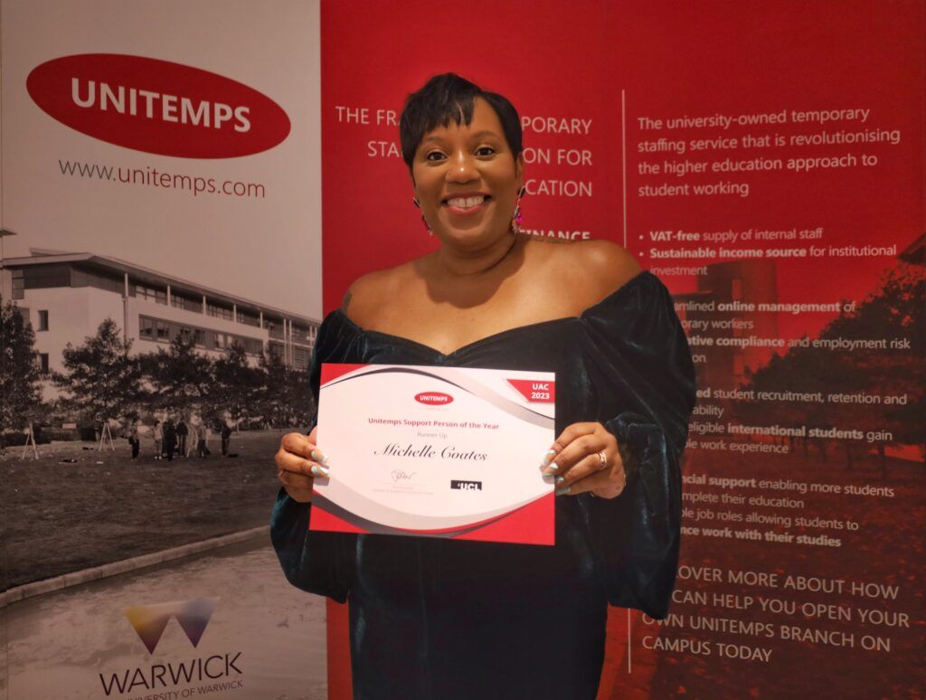 Michelle Coates Unitemps UCL receiving runner up certificate