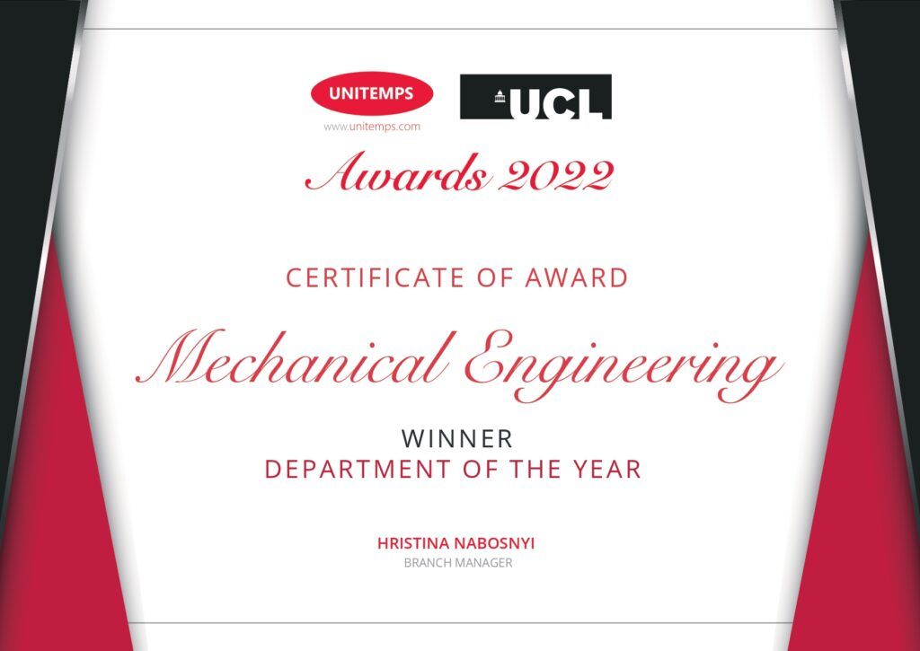 University College London Awards - certificate of award - Winner - Department of the Year - Mechanical Engineering