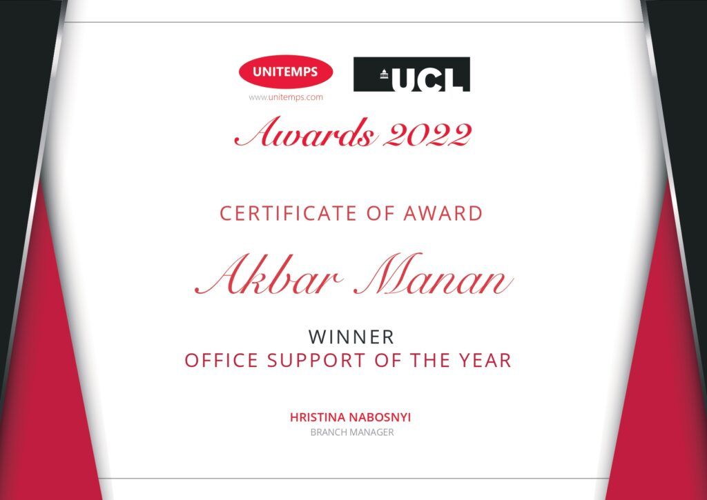 Unitemps University College London Awards - certificate of award - winner - Office Support of the Year  Akbar Manan