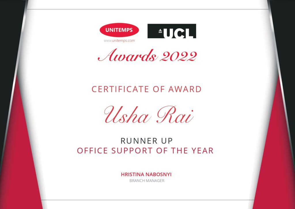 UCL certificate of award - Office Support of the Year – Runner up - Usha Rai