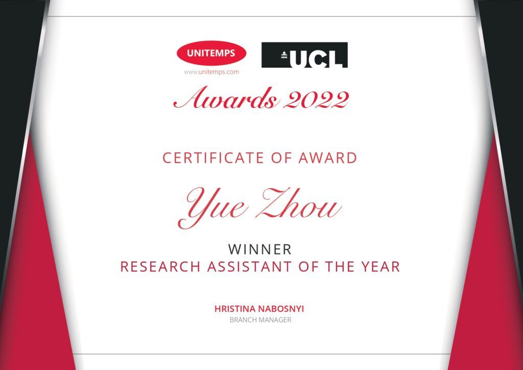 Unitemps University College London Awards - certificate of award - winner - Research Assistant of the Year - Yue Zhou