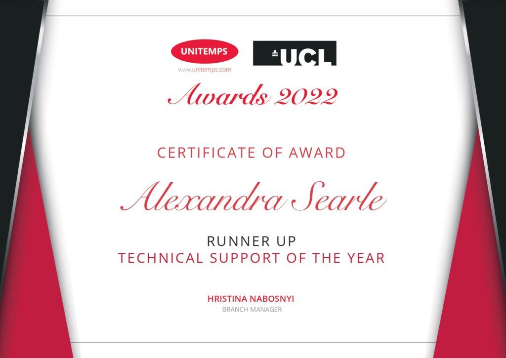 certificate of award - Technical Support of the Year – Runner-up  Alexandra Searle 